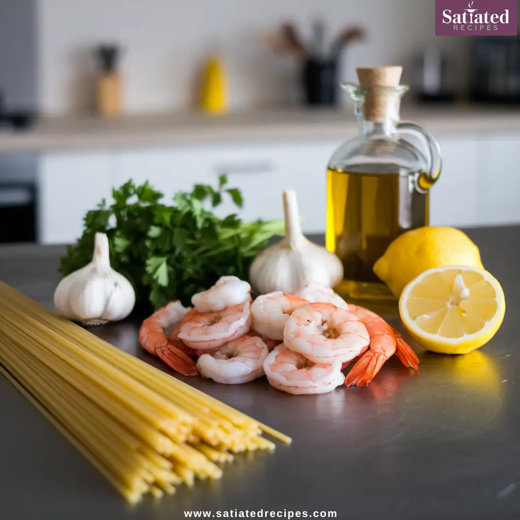 Fresh ingredients, including shrimp, garlic, spaghetti, olive oil, parsley, and lemon
