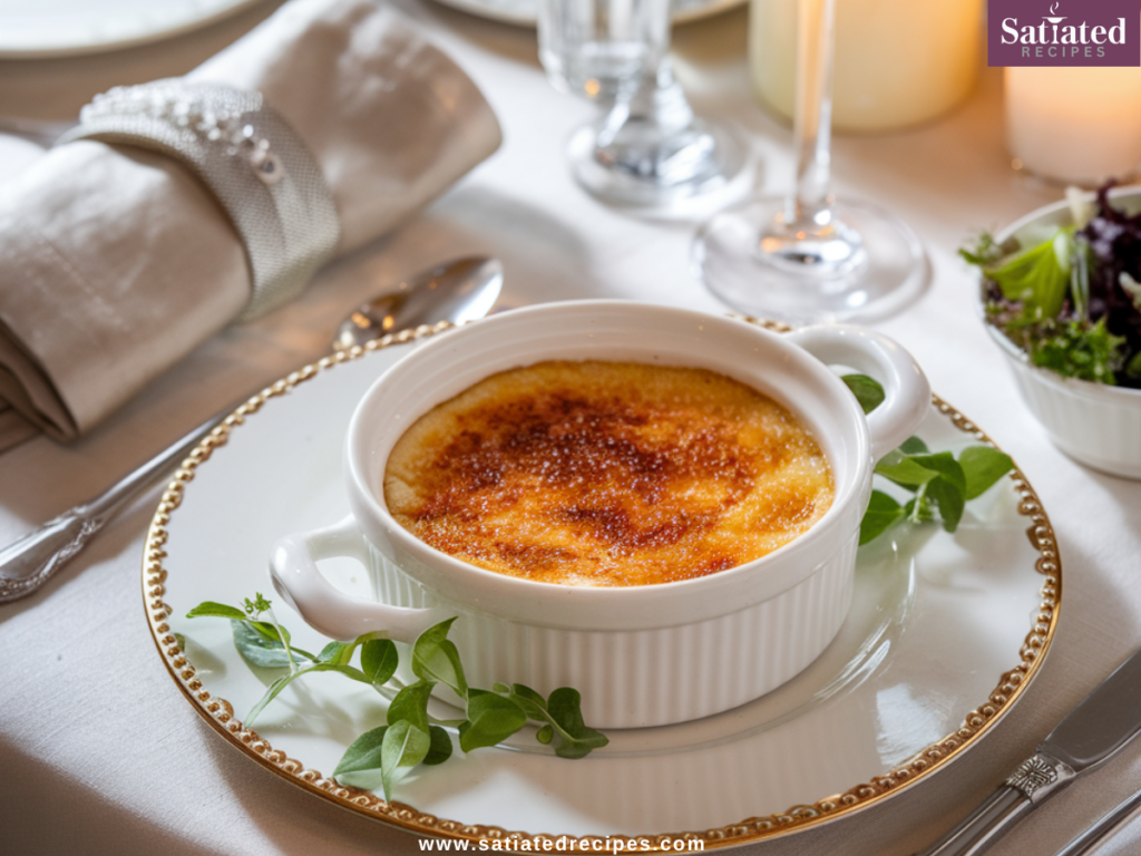 A luxurious Crab Brûlée in a white ramekin at the center of a dinner table setting, surrounded by silver utensils, a linen napkin, and a small bowl of fresh salad, illuminated by soft candlelight."

This image complements the "Serving Suggestions and Pairings" section perfectly, emphasizing an elegant dining experience